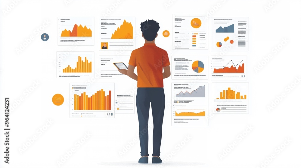 Poster person analyzing data charts and graphs in an office environment with a tablet and screens