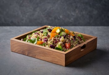 Vibrant Quinoa Salad with Diced Vegetables in Wooden Tray