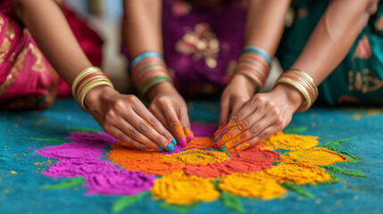 Obraz premium Close-up of hands carefully crafting a colorful Rangoli design with vibrant powders,