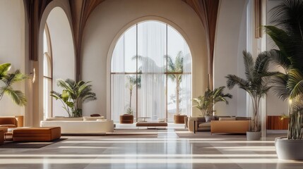 Beautiful and elegant interior design featuring arched buildings and modern architecture, with a realistic 3D indoor setting and stunning background