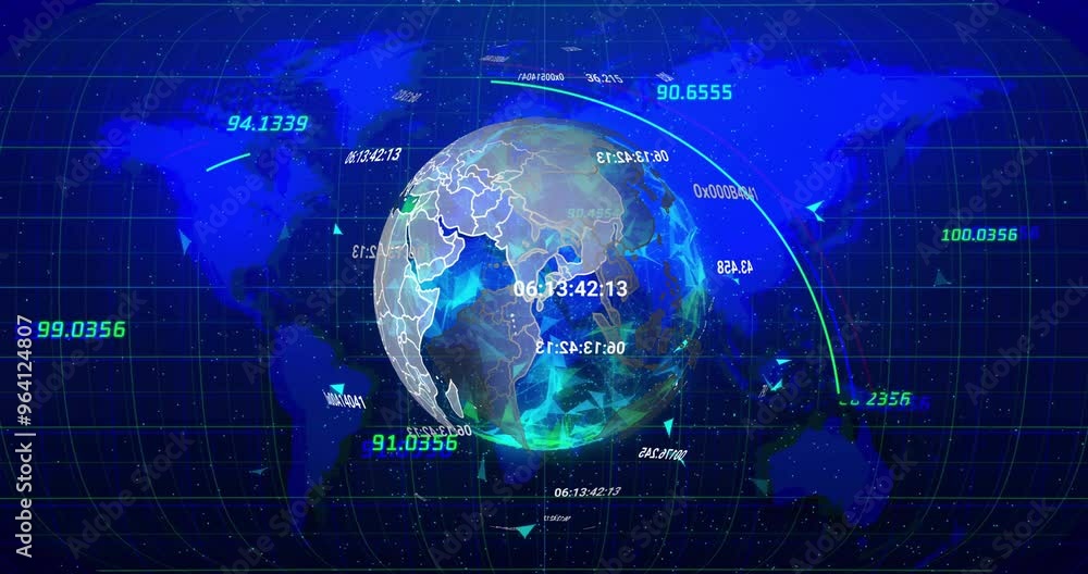 Poster animation of data processing over globe and world map on black background