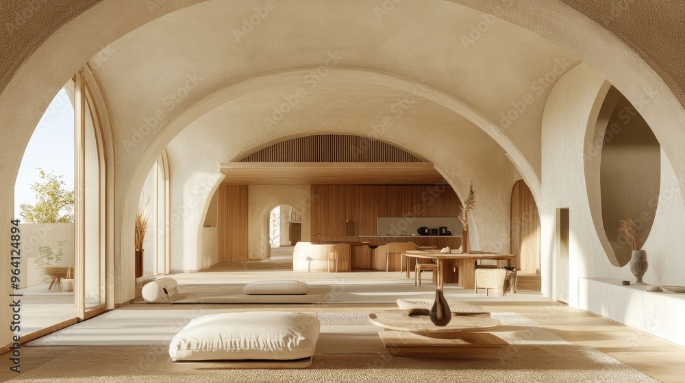 Poster beautiful arched interior design with a focus on modern architecture and realistic 3d rendering, cre