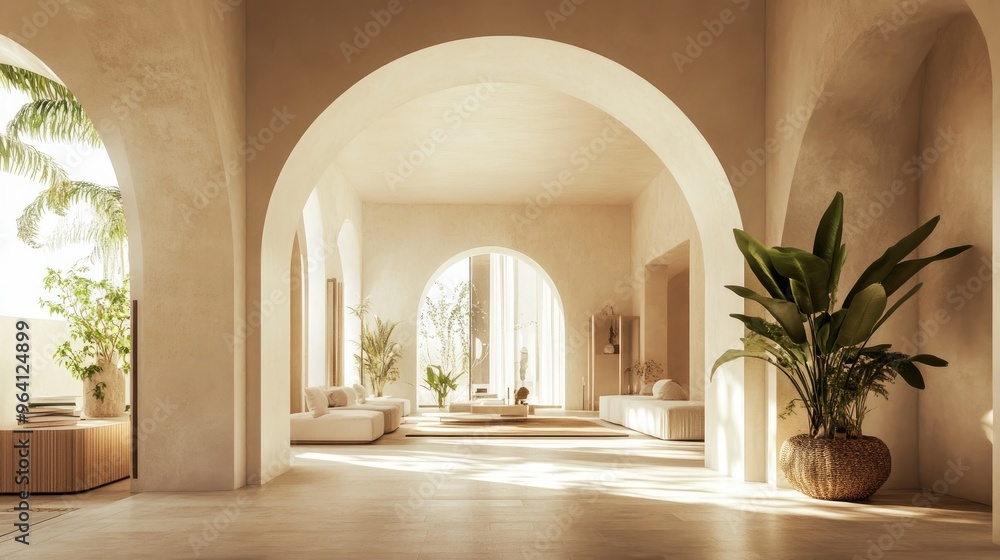 Poster beautiful arched interior design with a focus on modern architecture and realistic 3d rendering, cre