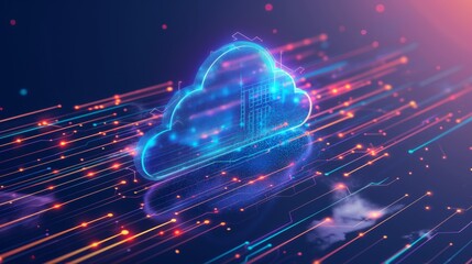 Digital cloud glowing with vibrant neon data streams