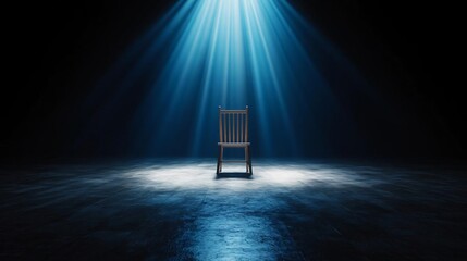 A solitary wooden chair illuminated by dramatic beams of light, creating a moody and mysterious atmosphere in a dark space.