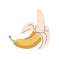 Open banana on isolated background. Cartoon fruit illustration in flat style. Vector clipart for clothes, fabric, greeting cards, stickers, etc.