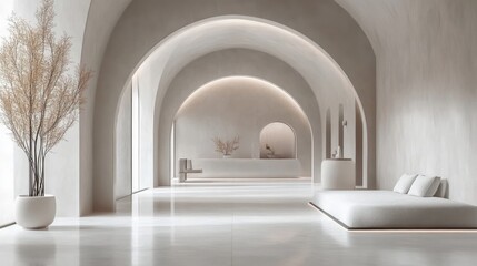 Fototapeta premium Elegant 3D indoor space with arched architectural design, featuring sleek modern interiors and a realistic background for added depth