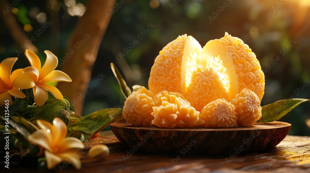 Wall mural Carved fruit with flowers in natural sunlight.