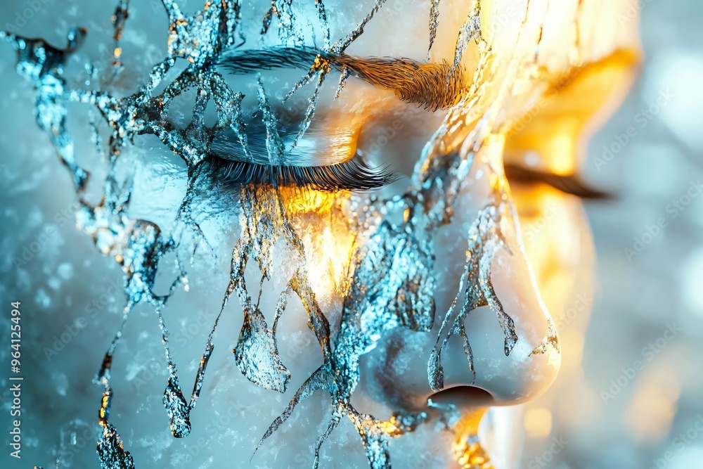 Poster an artistic shot of a woman's face with elements of ice and light, creating a mystical and ethereal 