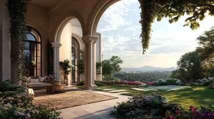 Obraz premium Elegant arch-based building exterior in a 3D-rendered outdoor space, with a realistic landscape background of nature and sky