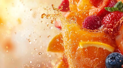 Mixed fruit juice splash in vibrant orange and red tones on a white background with ample copy space for advertisement text.