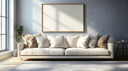 Neutral Sofa with Oversized Frame
A neutral-toned sofa sits in front of an oversized empty picture frame, taking up most of the wall space, adding a bold statement to an otherwise simple room.