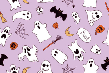 Seamless pattern for Halloween hand drawn doodles and engravings. Fun, cute illustration for seasonal design, textile, kids playroom decoration or greeting card. Vector