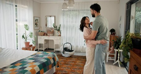 Pregnancy, kiss and dance with couple in bedroom for music, happiness and celebration. Smile, support and marriage with man and pregnant woman at home for milestone, partnership and care together - Powered by Adobe