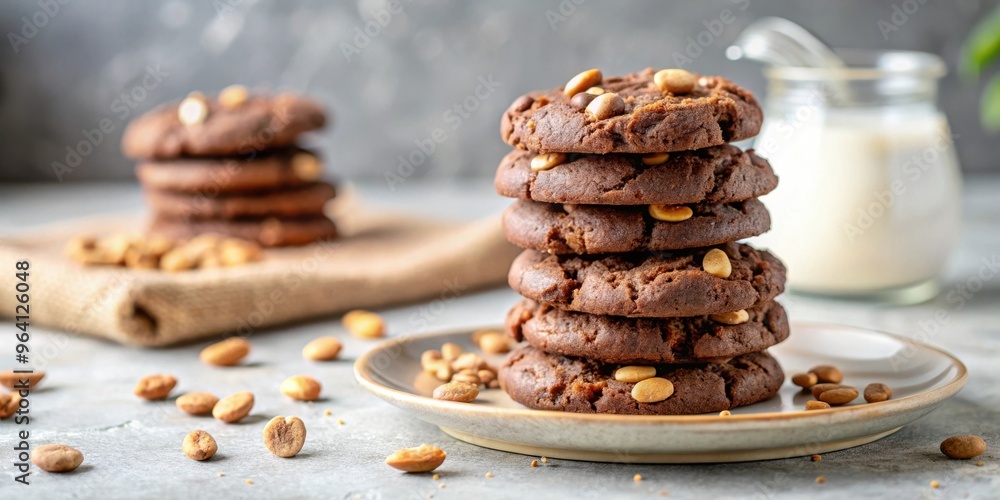 Poster Close up of a stack of chocolate peanut cookies on a ceramic plate with ingredients in the background on a light concrete backdrop