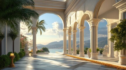 Obraz premium Majestic exterior architectural design with elegant arches, rendered in 3D with a realistic natural background of sky and landscape