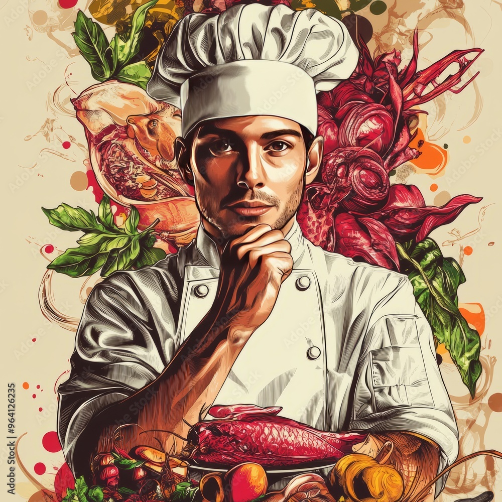 Wall mural Chef with Hand on Chin Surrounded by Food.