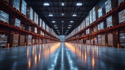 Obraz premium Clean warehouse with empty pallet racks and shining concrete floor.