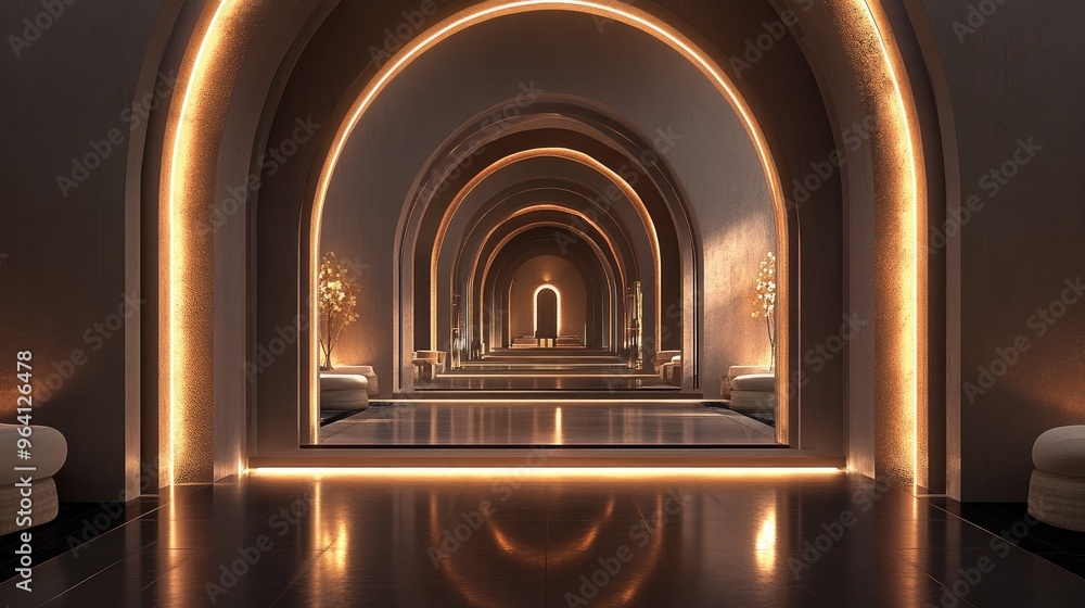 Poster sophisticated 3d indoor design with arched structures and sleek architectural elements, set against 