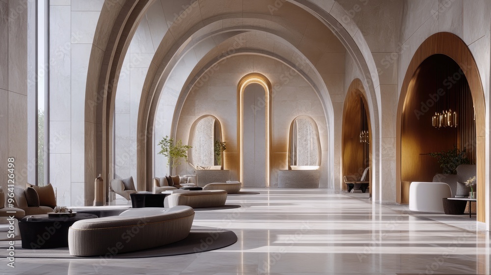 Poster sophisticated 3d indoor design with arched structures and sleek architectural elements, set against 