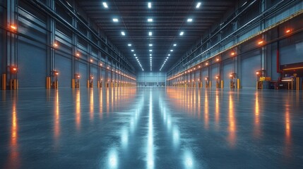 Obraz premium Empty clean warehouse interior with smooth concrete floor and industrial lighting.