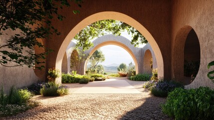 Fototapeta premium Stunning exterior arch buildings in a 3D-rendered outdoor space, with a lifelike background of nature and open skies