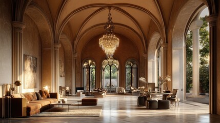 Stunning interior design with arched architecture, rendered in 3D and set against a realistic background for a luxurious, elegant look