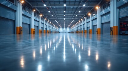 Empty warehouse interior with clean floors and clear, organized layout.