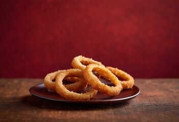 Golden-Brown Onion Rings on Dark Plate with Rich Red Background