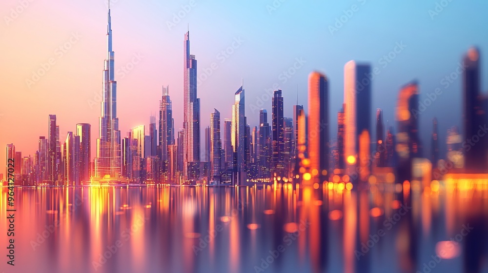 Poster City skyline at dusk with reflection in water.