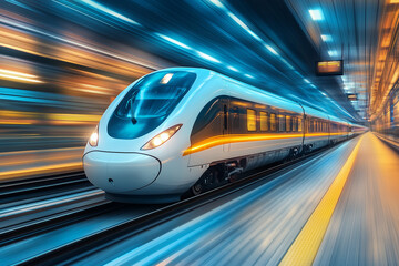 Naklejka premium A sleek, futuristic high-speed train zooms through an illuminated tunnel, capturing the essence of advanced transportation technology.