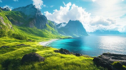 A beautiful mountain landscape with clear blue sea and lush green grasses under the bright daylight, with a stunning sky in the background