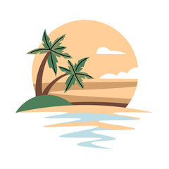 Illustration of tropical sunset on isolated background. Landscape icon in flat style. Tropical collection. Vector clipart for clothes, fabric, greeting cards, stickers, etc.