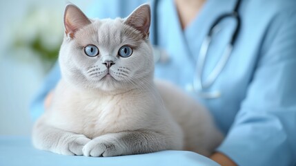 Cat is laying on a table in front of a doctor. The cat is white and has blue eyes. The doctor is wearing a blue shirt and a stethoscope