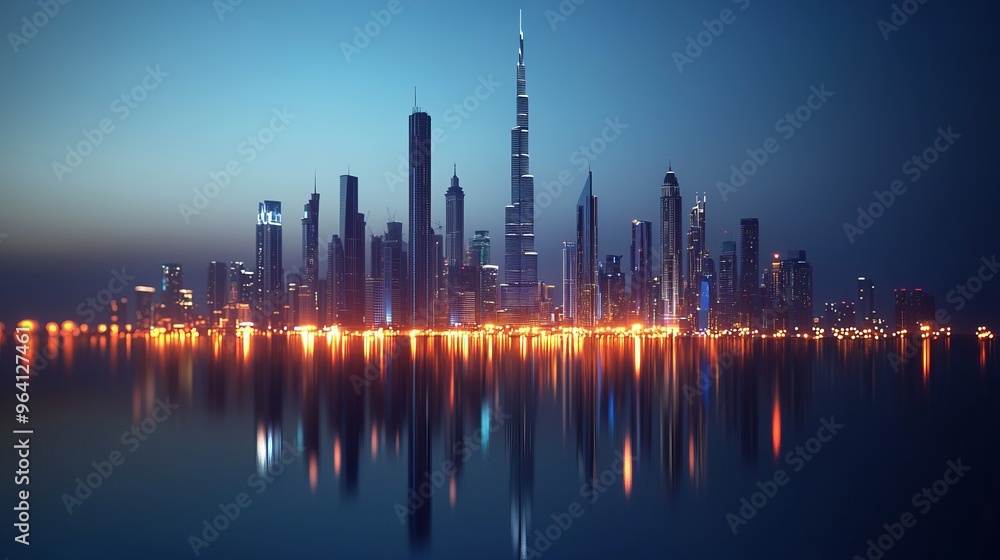 Poster Cityscape with skyscrapers and reflections in water at night.