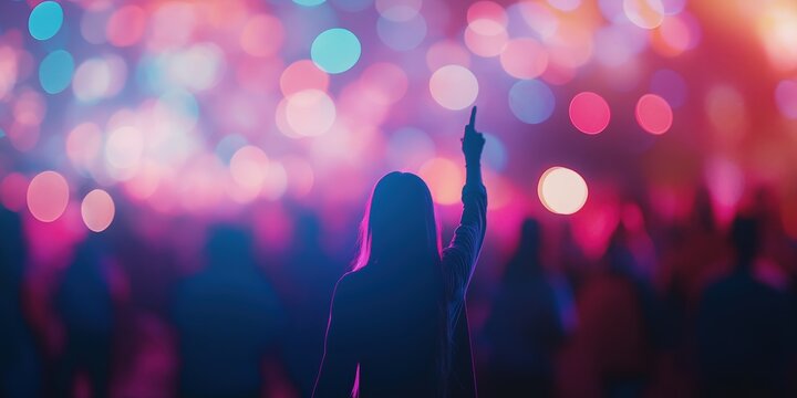 Vibrant Night Festival Crowd Under Colorful Light Show: Celebration Atmosphere with Dazzling Bokeh Effects and Silhouettes