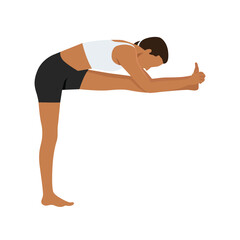 Obraz premium Young woman doing Standing Head To Knee Pose Dandayamana Janu Sirsasana yoga exercise. Flat vector illustration isolated on white background