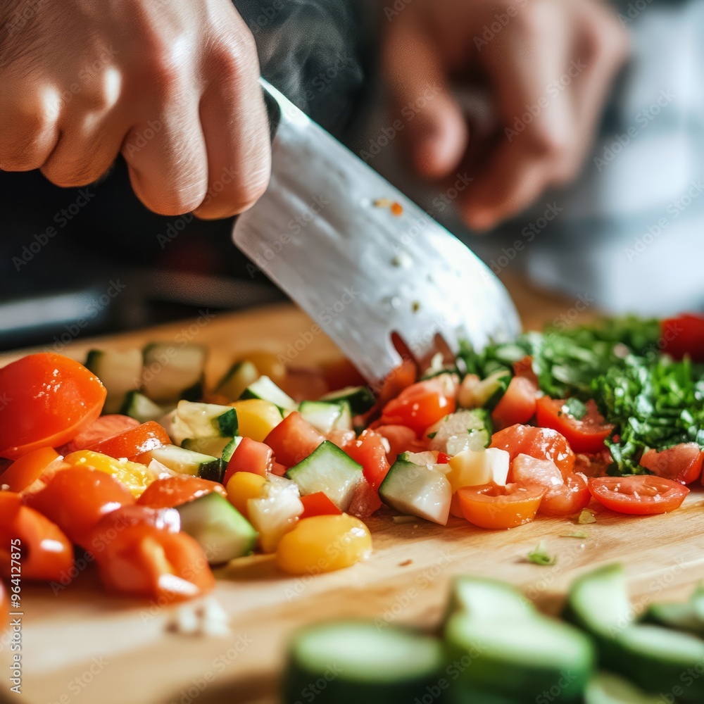 Sticker Close up of a chef's hands chopping fresh vegetables for a salad on a wooden cutting board.