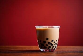Bubble Tea with Tapioca Pearls on Red Background with Soft Lighting