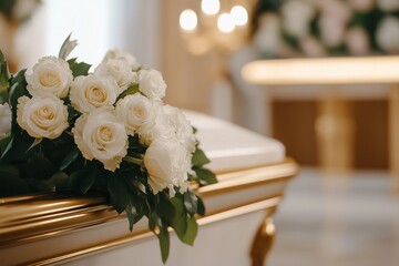 A casket with white roses on top of it at the funeral home, concept of funeral rituals, ritual business, honouring and remembering the dead, the afterlife, traditional burial