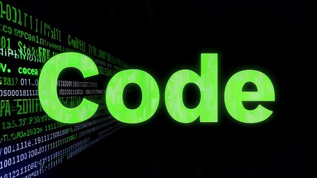 A 360-degree video of the word "Code" in a monospace font written in green with a classic computer terminal font