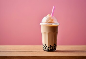 Bubble Tea with Tapioca Pearls in Clear Plastic Cup on Pink Background