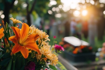 A cemetery and in the foreground the relatives next to a coffin with flowers, concept of funeral rituals, ritual business, honouring and remembering the dead, the afterlife, traditional burial