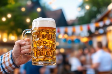 October Man in traditional Bavarian lederhosen hoisting a frothy beer mug, brewing concept, bar culture and traditional celebrations, illustration of beer with plant components, free space for text
