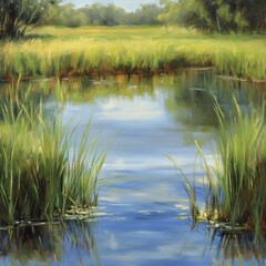 Quiet pond surrounded by tall meadow grasses, gently swaying in the wind, with soft reflections on the water. --v 6.1 Job ID: 098ec2bb-65d4-4cfc-b7c5-2f4d5fb4cc92