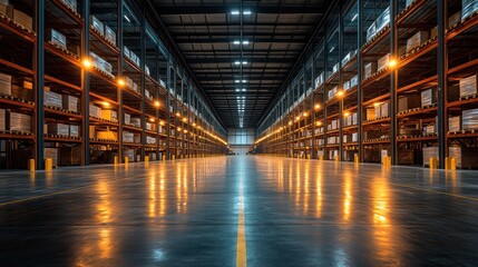 Fototapeta premium Clean warehouse with high bay lighting and polished, dust-free surfaces.