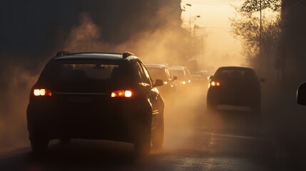 Cars Driving Through Fog at Sunset
