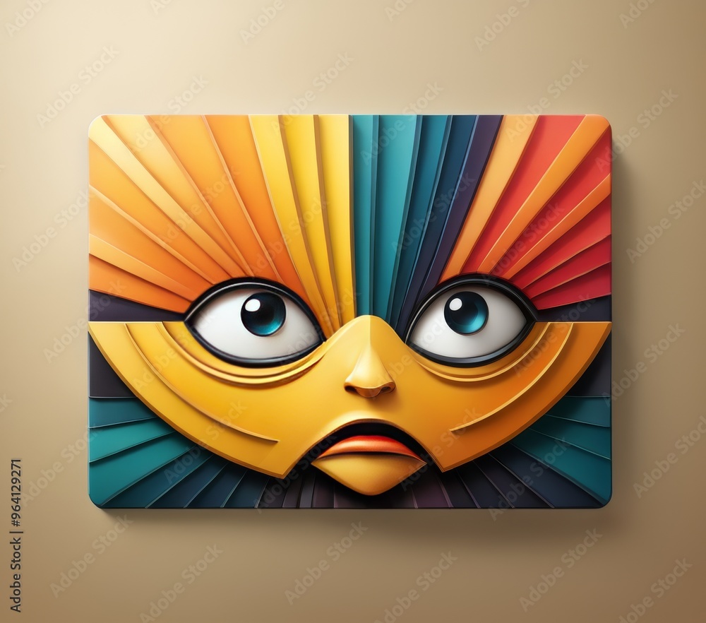 Aufkleber abstract 3d rendered mask with vibrant geometric patterns and expressive eyes on a neutral backgroun
