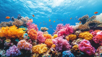 Diving into a World of Color: Vibrant Coral Reef Teeming with Marine Life Underwater