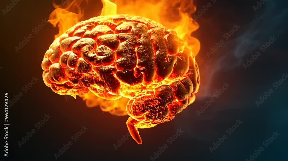 Poster exploring the intricate details of a flaming brain with dynamic fire effects and vibrant colors